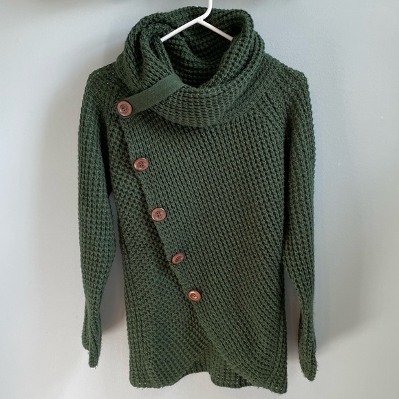 Sweaters - Chunky Oversized Turtleneck Wrap Sweater Long Sleeve Knit Wooden Buttons Green